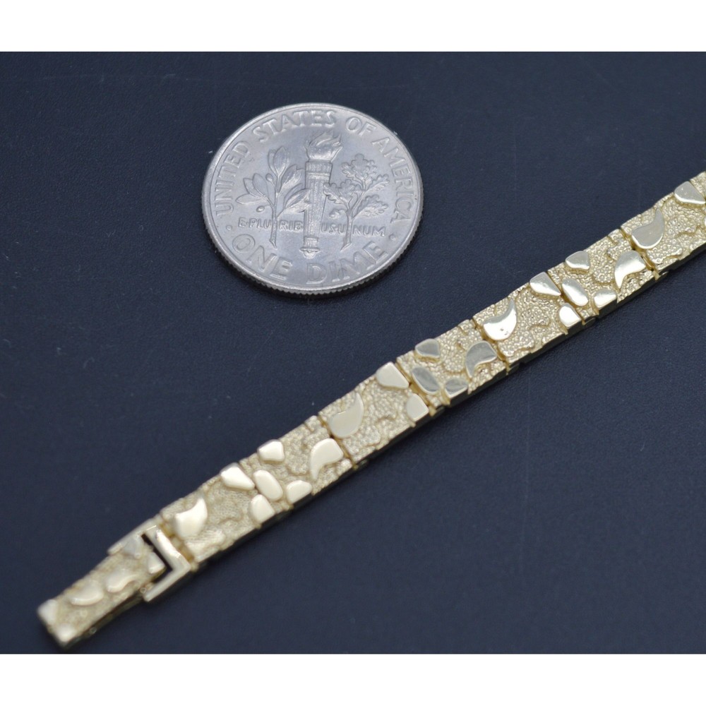 Real 10K Yellow Gold 5.5mm Nugget Textured Rectangle Edge 8.5" Link Bracelet